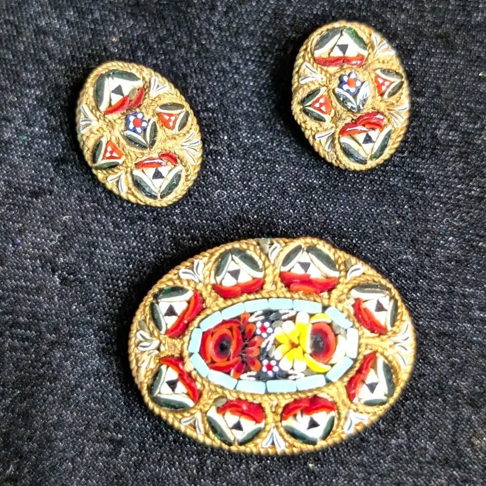 Antique Italian Micro Mosaic Multi Color Brooch & Matching Clip On Earrings